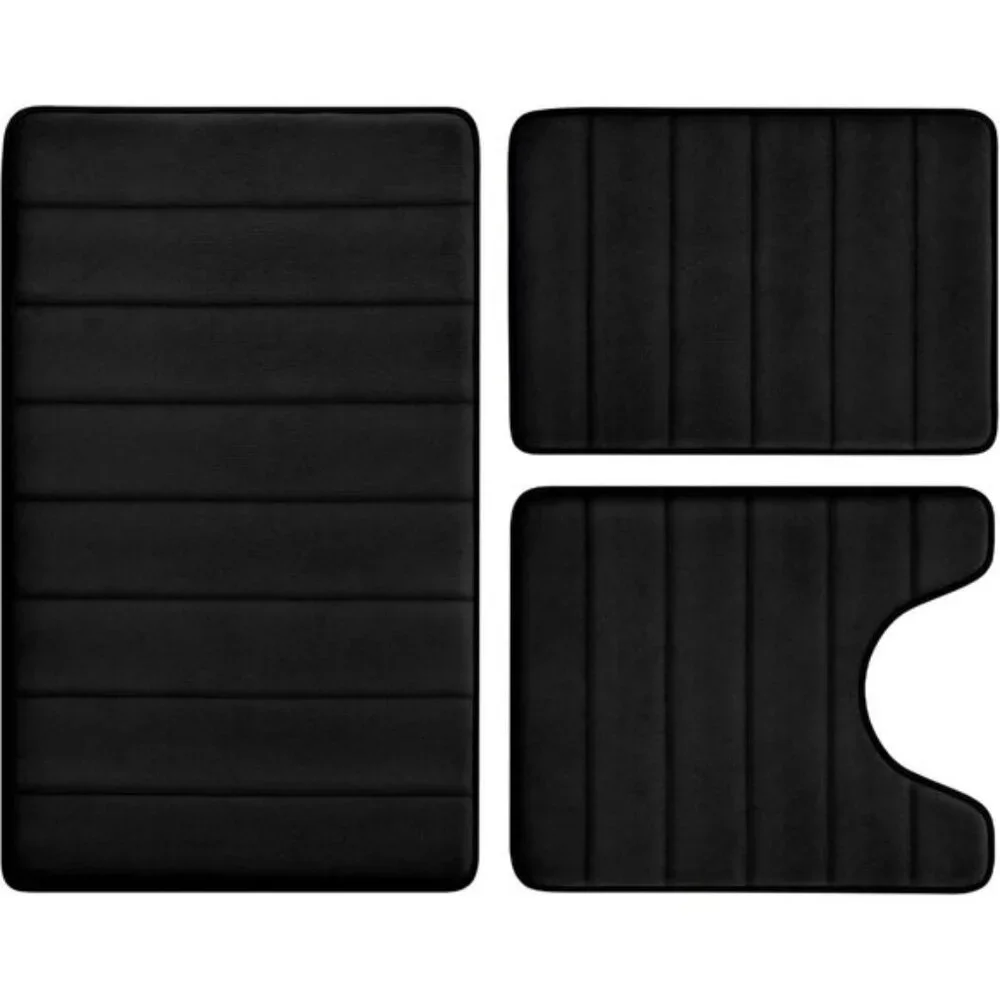 New 3-Piece Black Memory Foam Bath Rug Set, Non-Slip, Soft, Absorbent, Washable